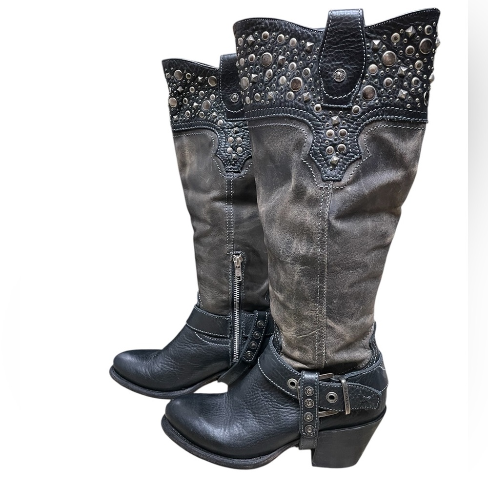 MURO Magda Women's Knee High Distressed Studded Western Leather Harness Boots 6